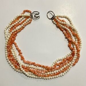Womens Vintage Genuine Coral & Mother of Pearl beads Choker Necklace